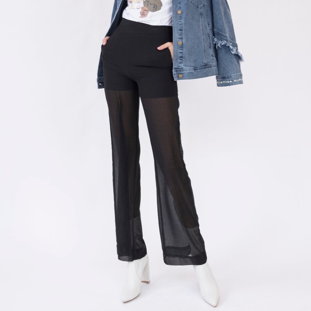 Designer Sheer Cocktail Pant Christina Karin NWT - Edgy Luxury - Black Chiffon